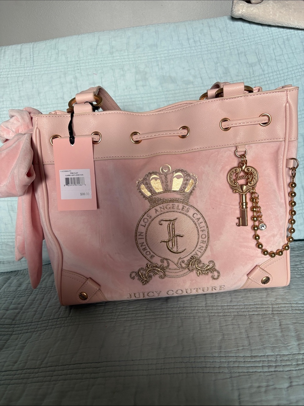 EXCLUSIVE Juicy Couture Light Pink Velvet Tote with Gold Hardware and Key Charm